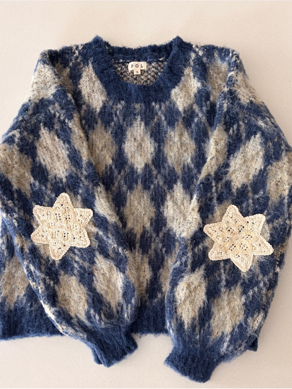 POL Blue & Cream Fuzzy Crewneck Sweater with Crochet Star Elbow Patches